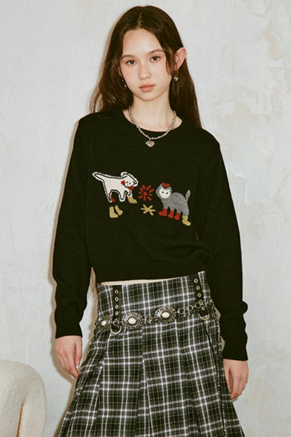 Kitten Puppy Embroidered Wool Blend Top