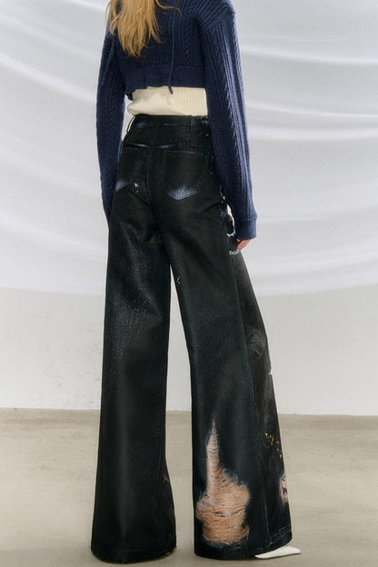 Ripped Faux-Denim Flared Pants