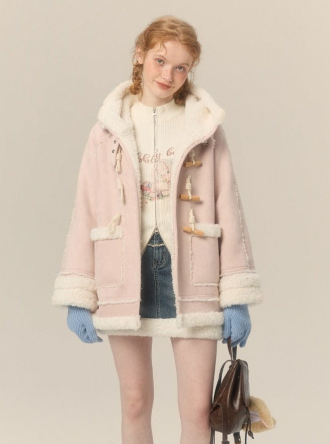 Hooded Horn Buckle Fur Jacket