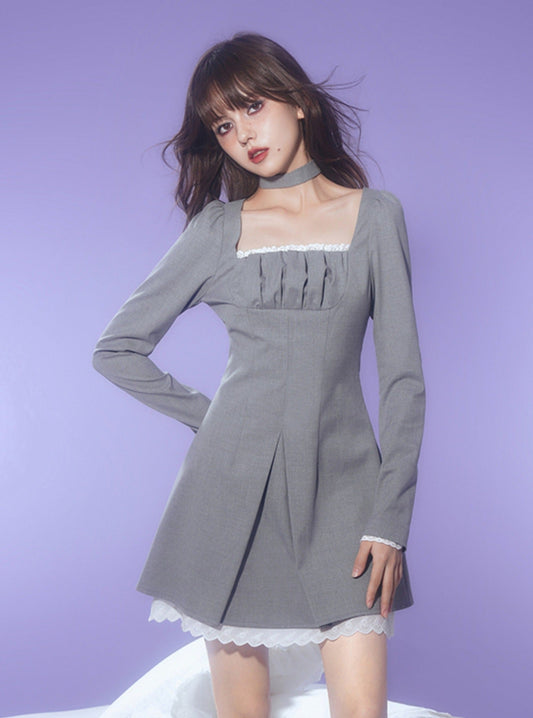 Lace Three-Dimensional Cut Choker Long Sleeve Dress