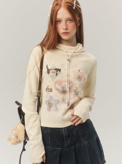 short hooded long-sleeved printed tops