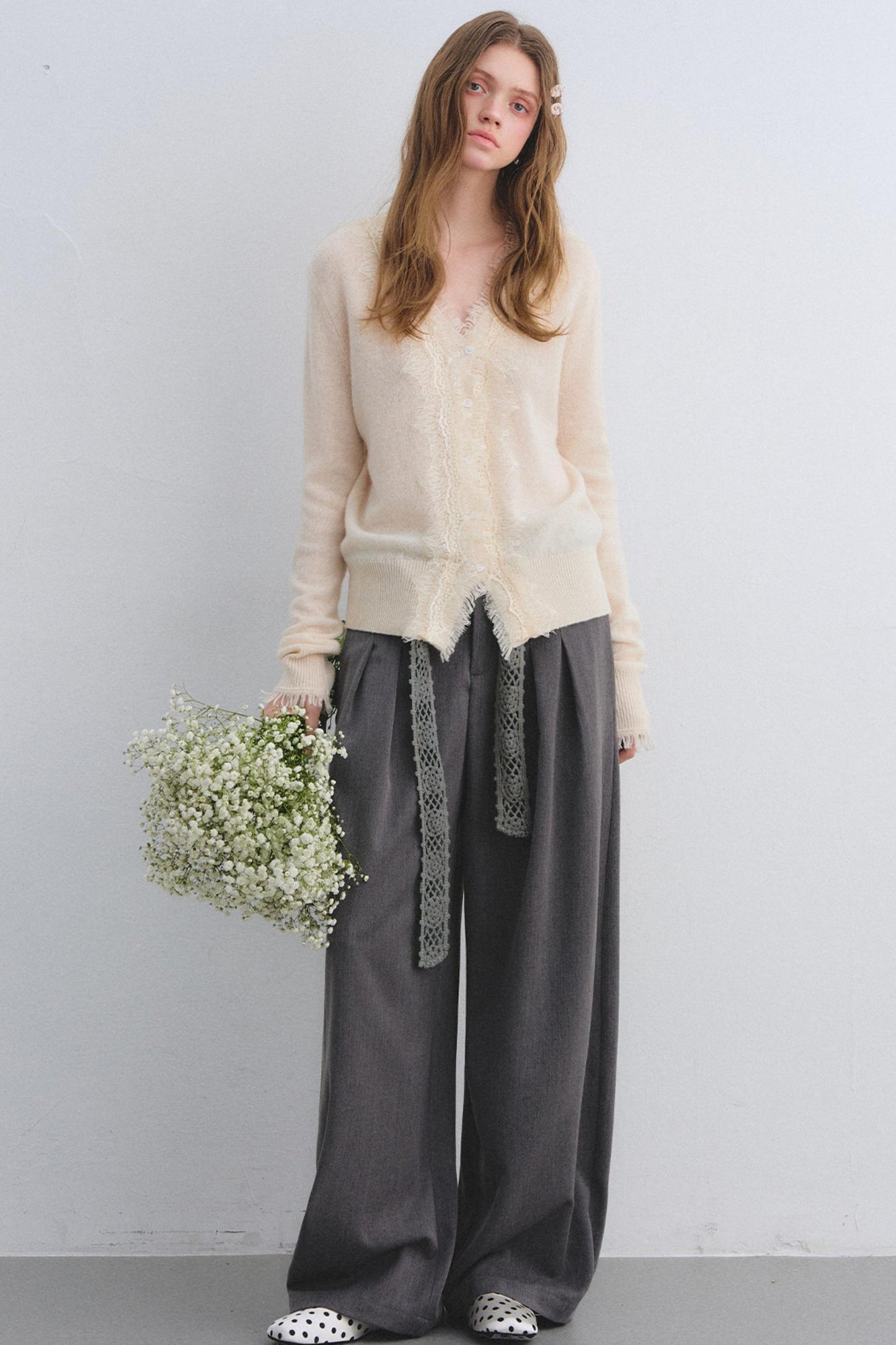 Wool Lace V-Neck Knit Top