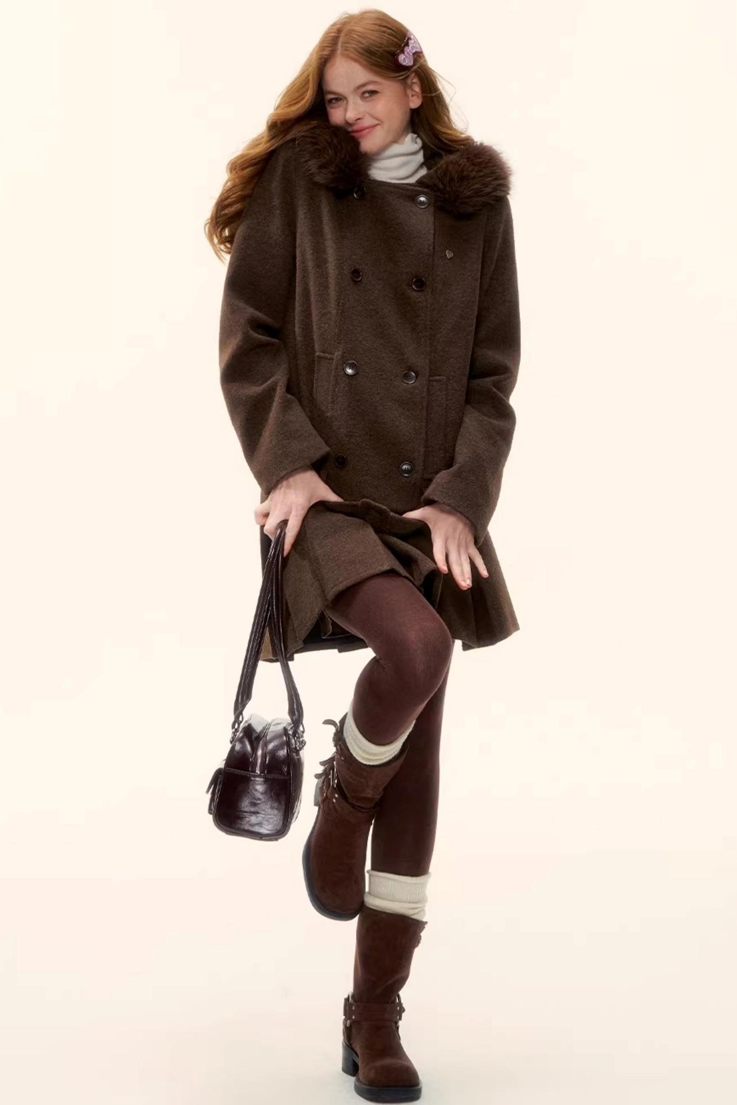 Retro Coffee Woolen Coat Set-Up