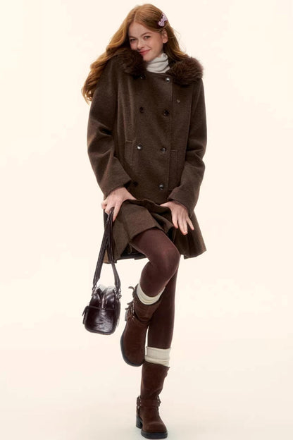Retro Coffee Woolen Coat Set-Up