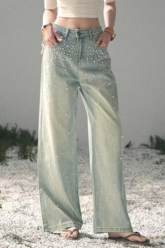 Blue Light Beaded Denim Pants