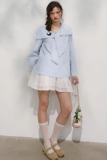 네이비 웨이브 레이스 블라우스