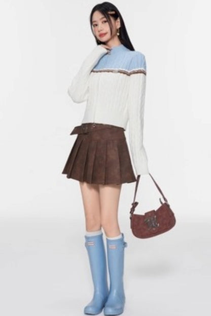 Color-Blocking Stand-Up Collar Knitted Cardigan