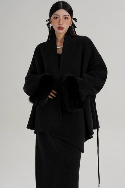 Elegant Fox Fur Sleeve Wool Coat