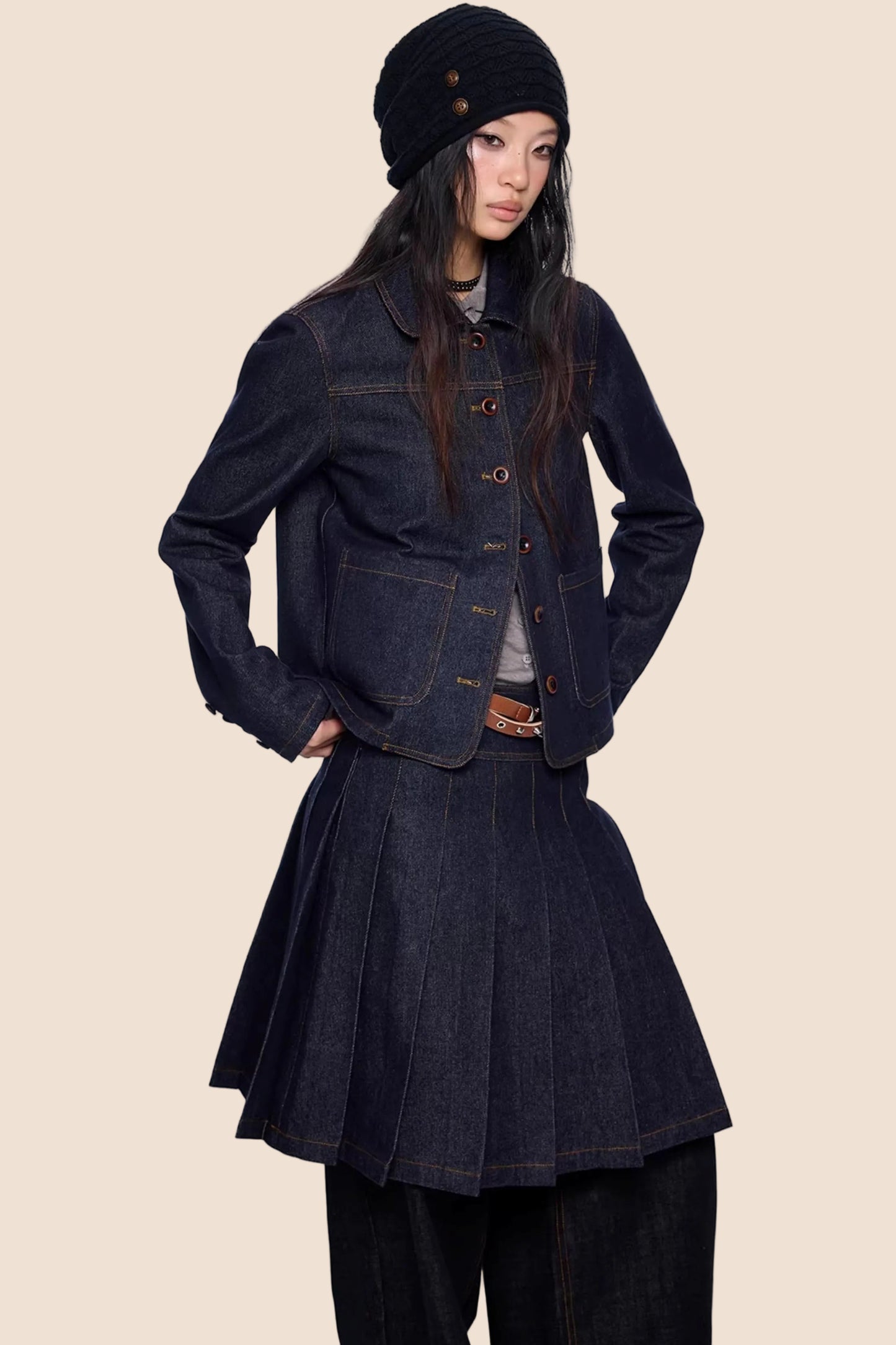 Retro Denim Faltenrock Anzug Set