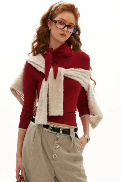 Tie-Neck Long-Sleeve Knit Top