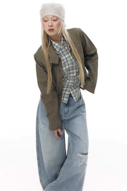 Plaid Cotton Waist-Cinching Blouse