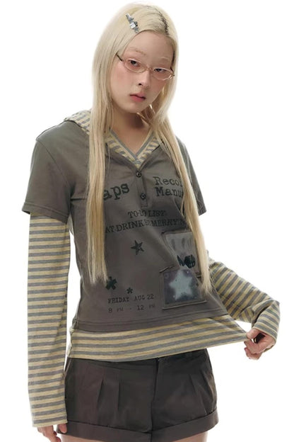 Hooded Spliced Long-Sleeve Top