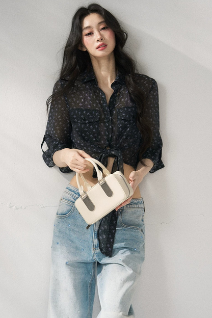 Bow Floral Slim Blouse