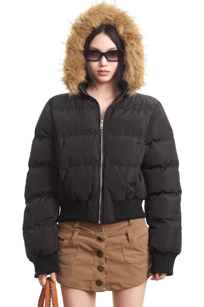 Printed Short Fur Collar Down Jacket