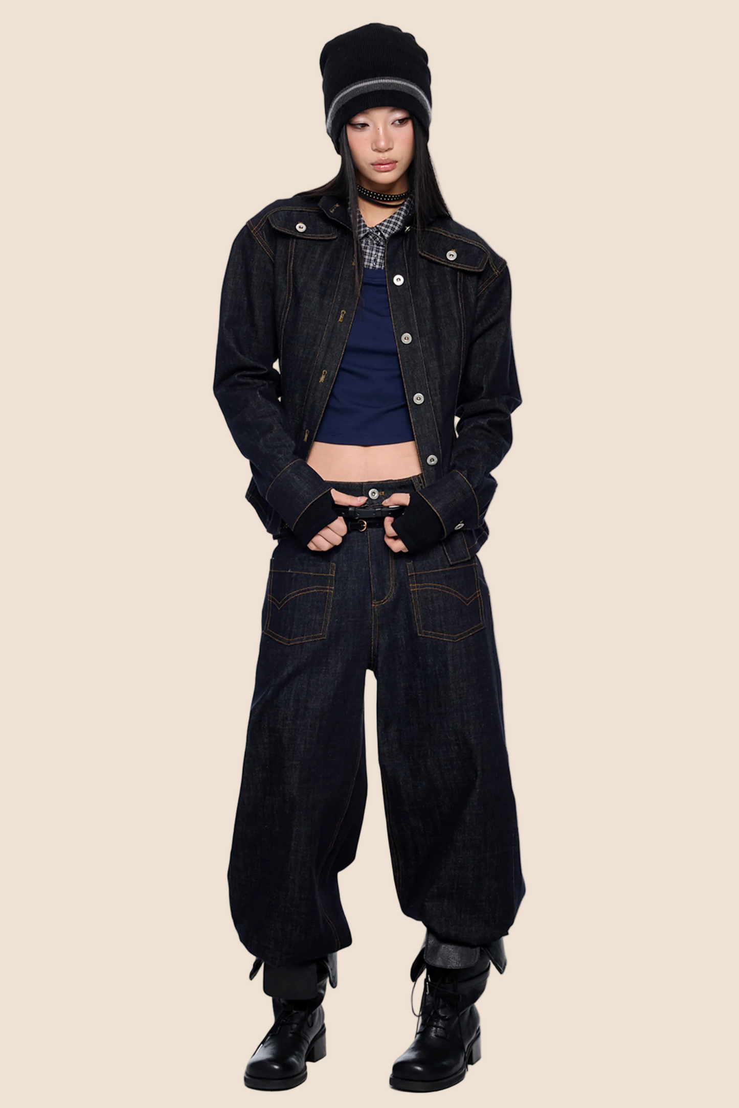 Wide-Shoulder Denim Jacket Set-Up