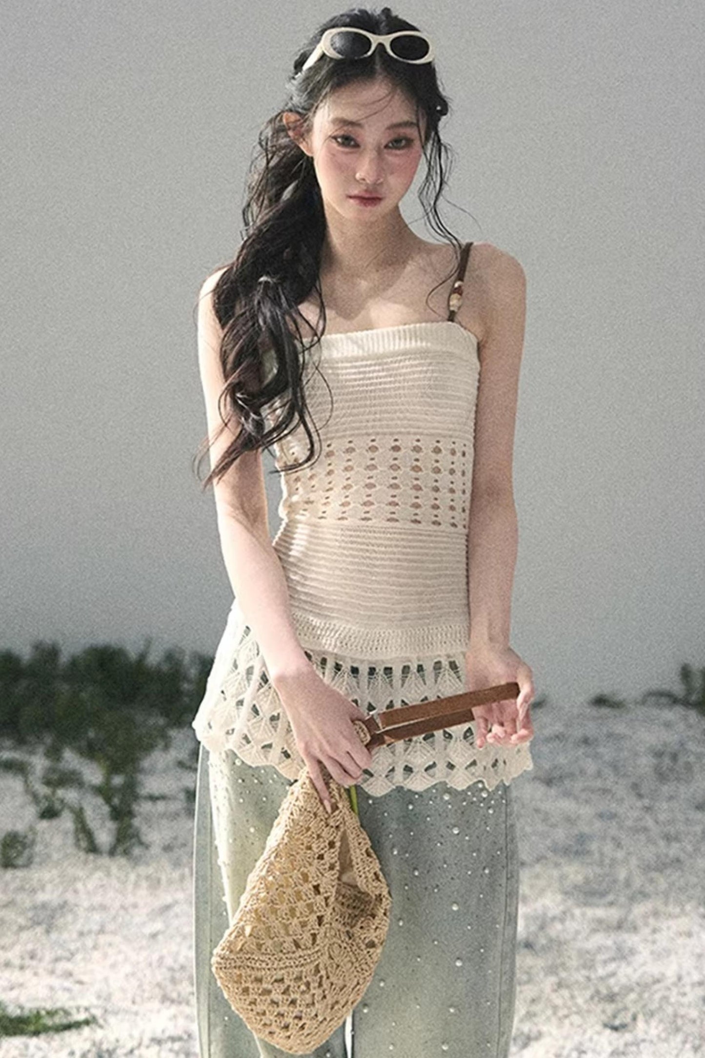 Französisches Strick-Hollow-Out-Unterhemd