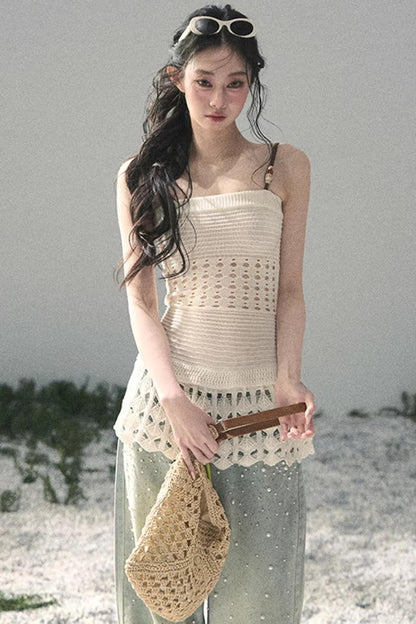 Französisches Strick-Hollow-Out-Unterhemd