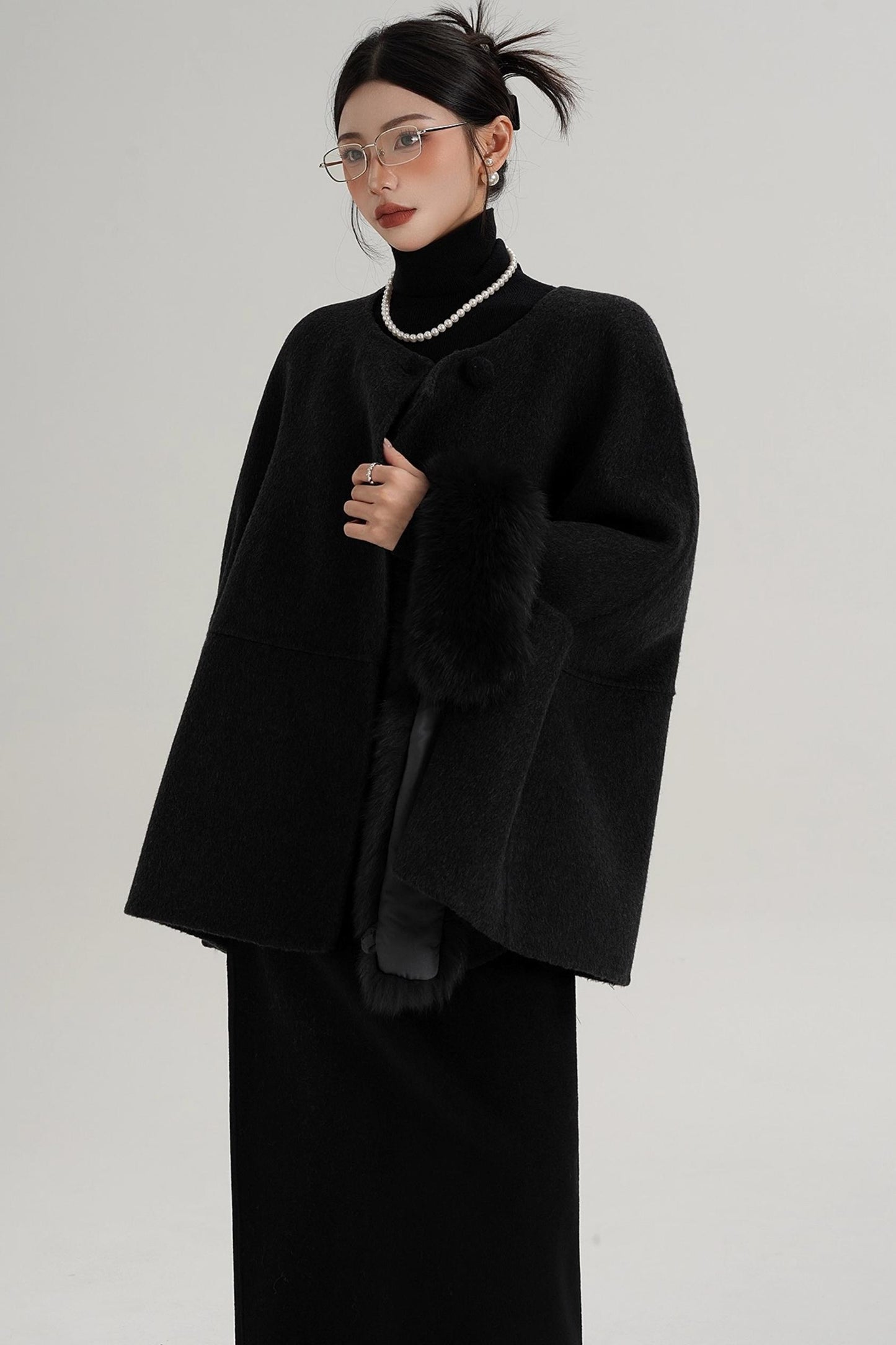 Elegant Fox Fur Wool Cape Coat