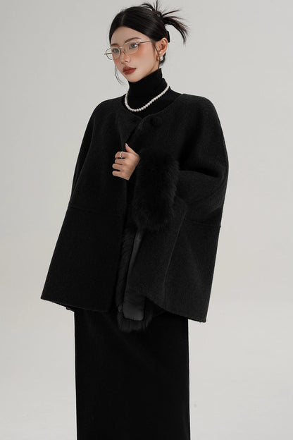 Elegant Fox Fur Wool Cape Coat