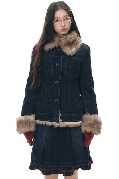 Detachable Fur Collar Denim Jacket Set-Up
