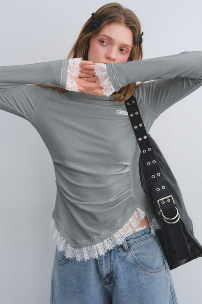 Spitzen-Patchwork-Taillierte Bluse