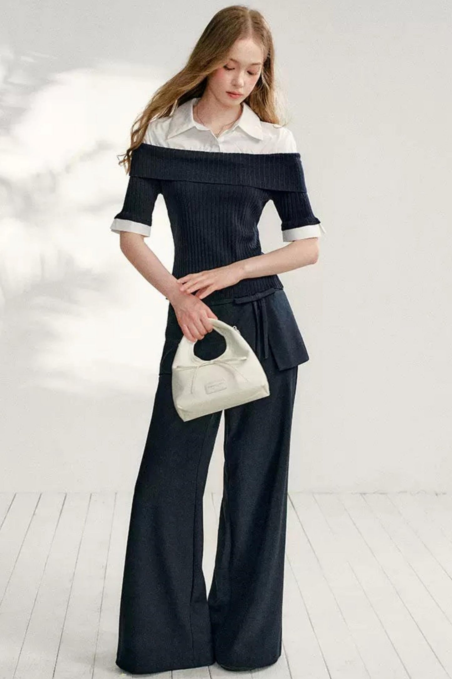 Color-Block Shirt Collar Knit Set-Up