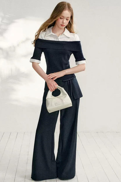 Color-Block Shirt Collar Knit Set-Up