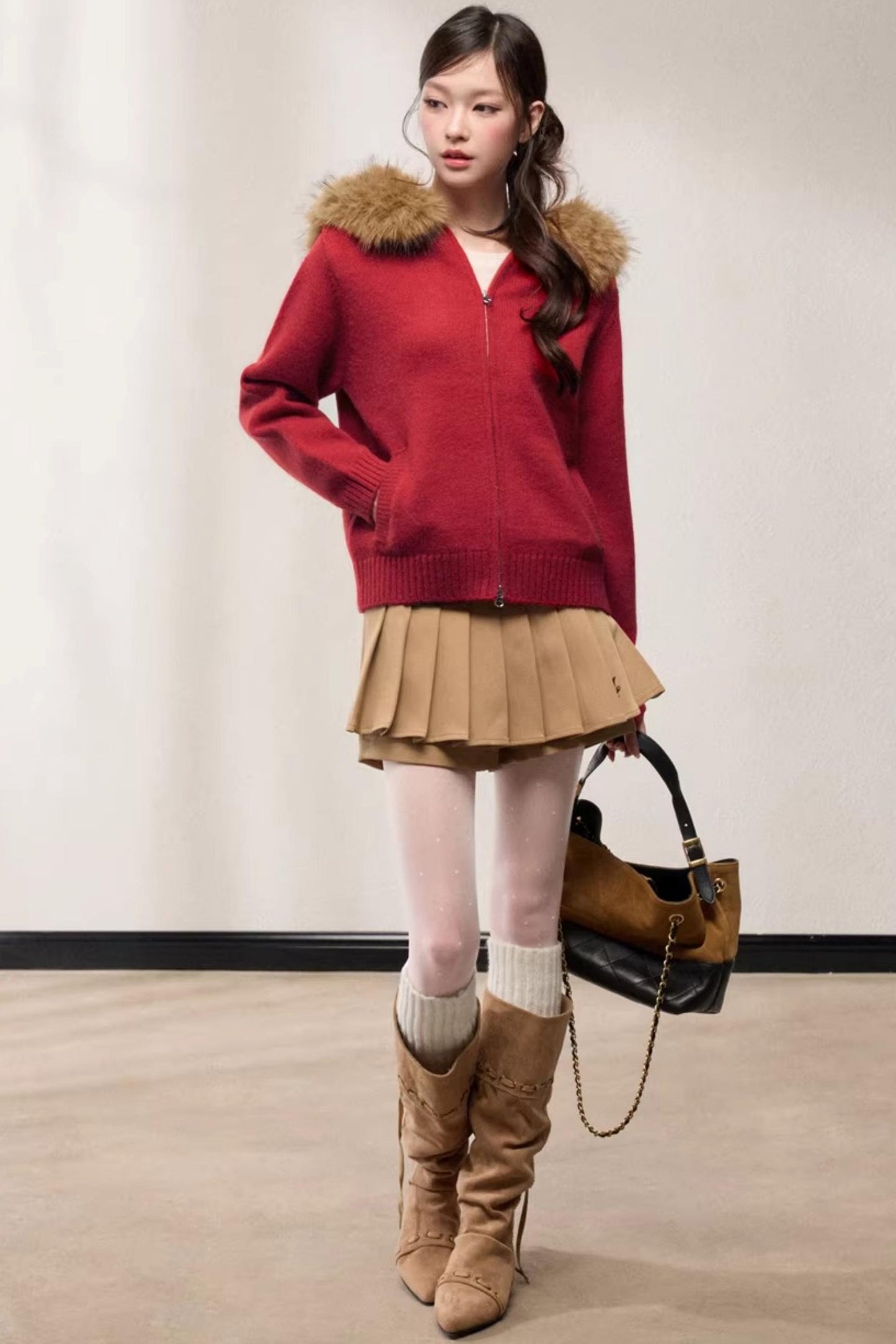 Fur Collar Hooded Knit Cardigan