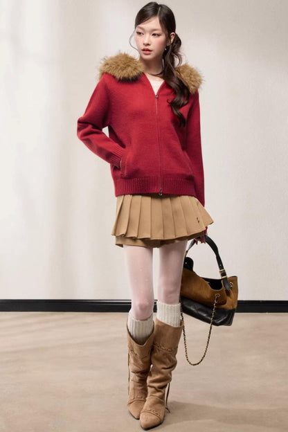 Fur Collar Hooded Knit Cardigan