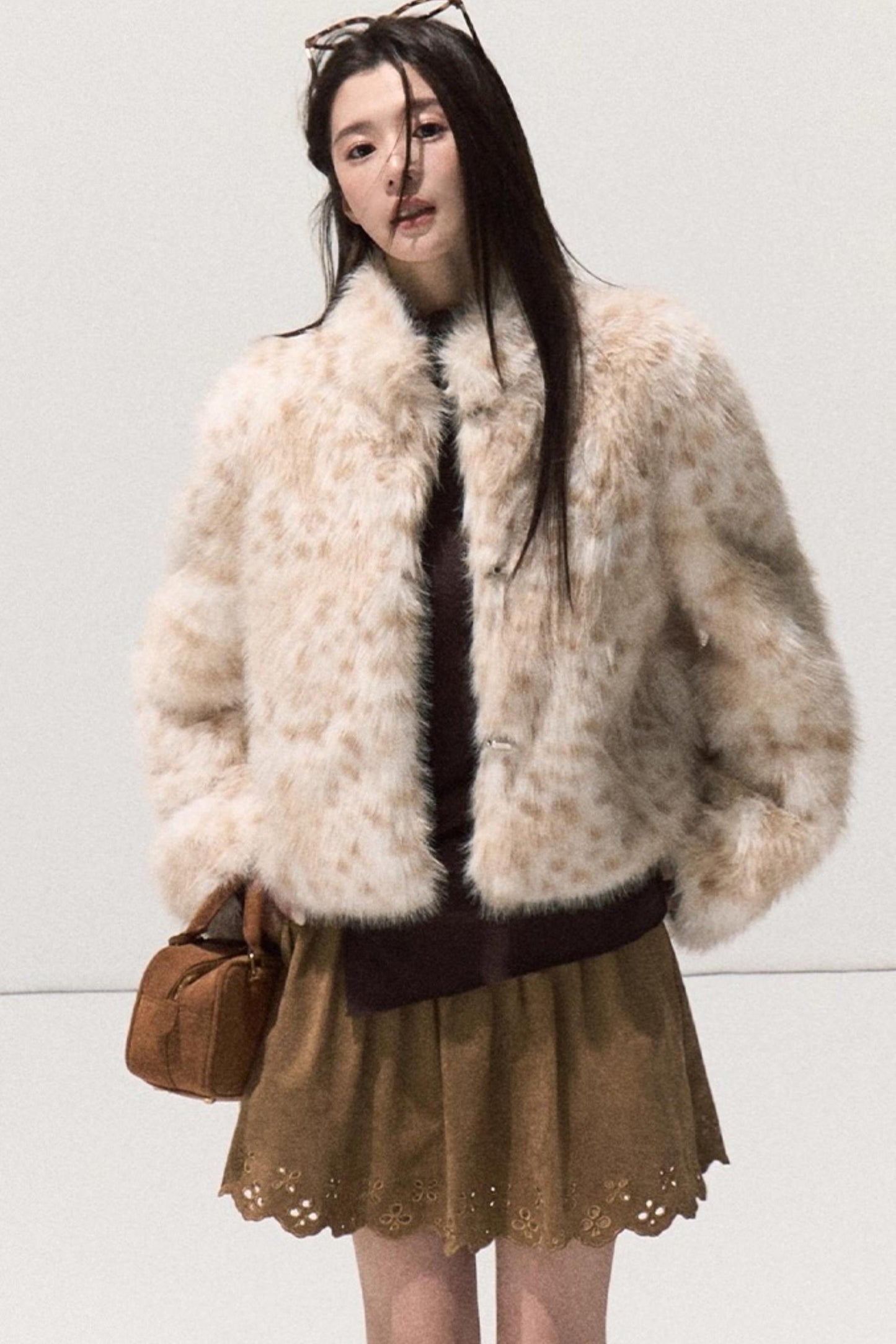 Girlish Leopard Print Fur Coat Set-Up