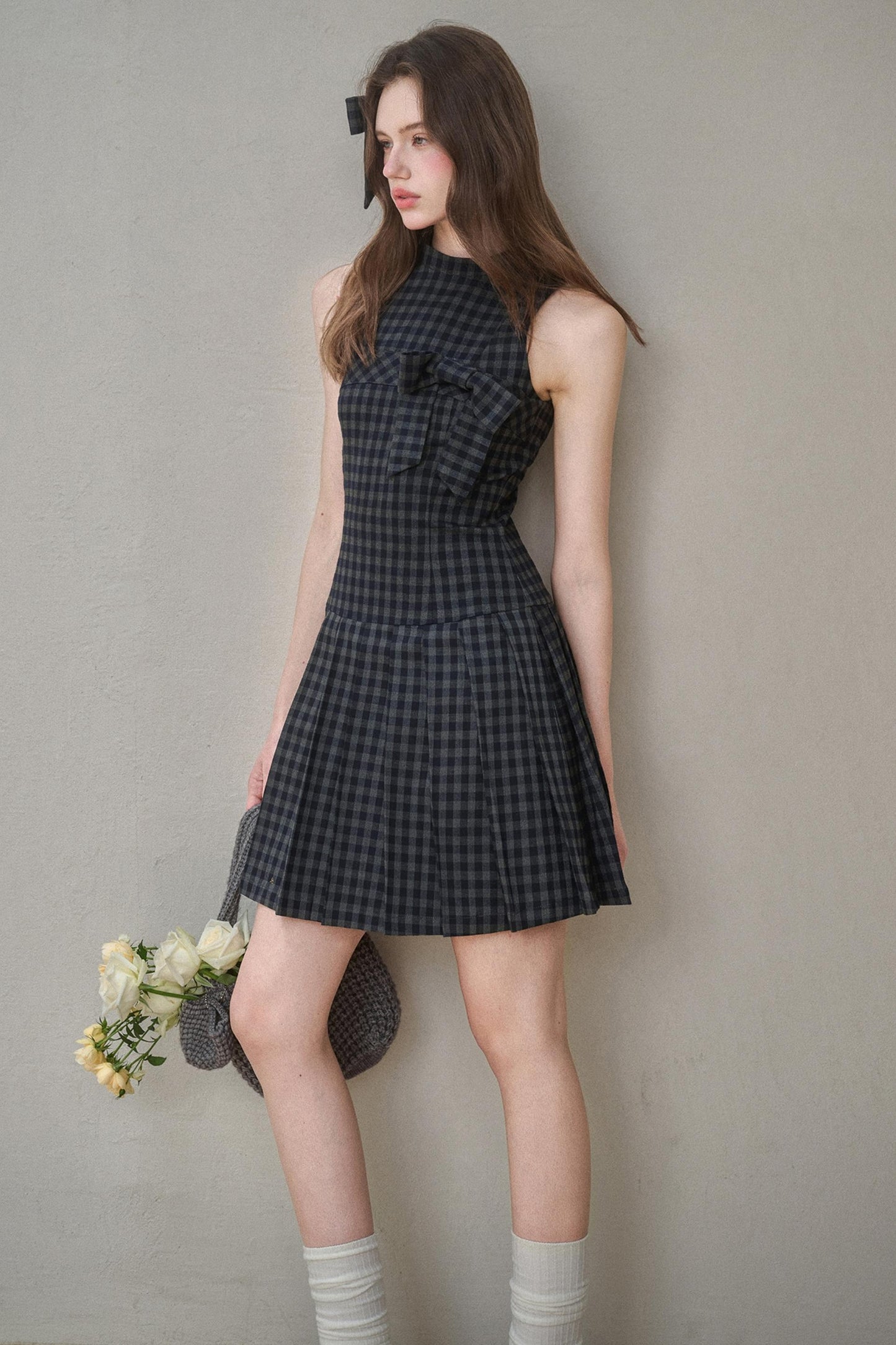 Elegant Bow Halterneck Check Pleated Dress