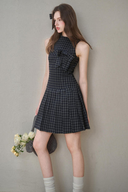 Elegant Bow Halterneck Check Pleated Dress