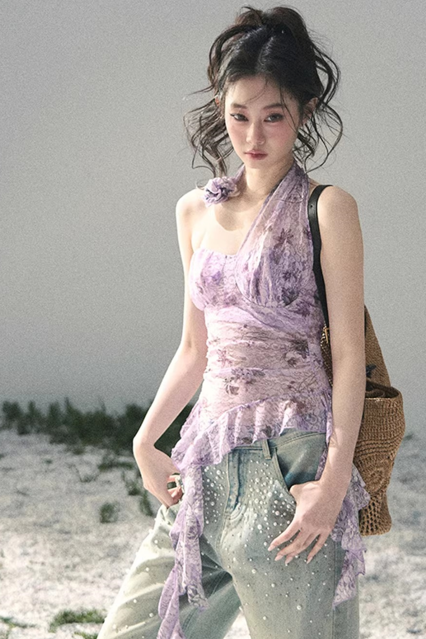 자주색 바우히니아 리본 탑