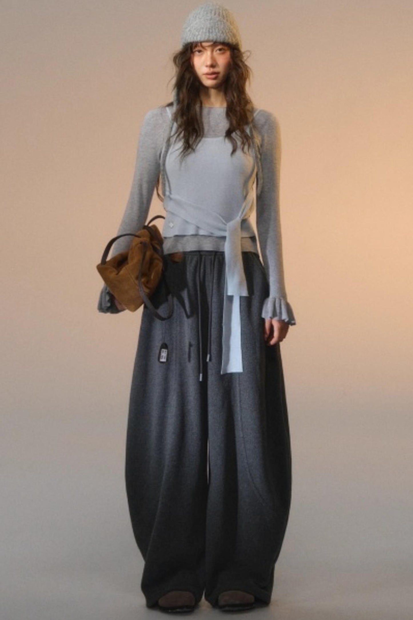 Fake Two Contrasting Tie-Up Sweater