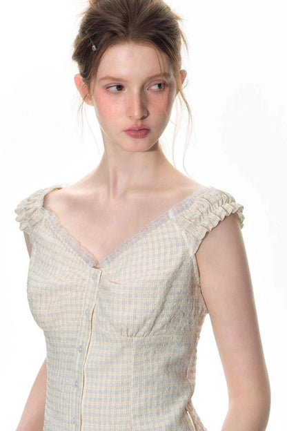 Checked Sleeveless One-Shoulder Shirt Set-Up