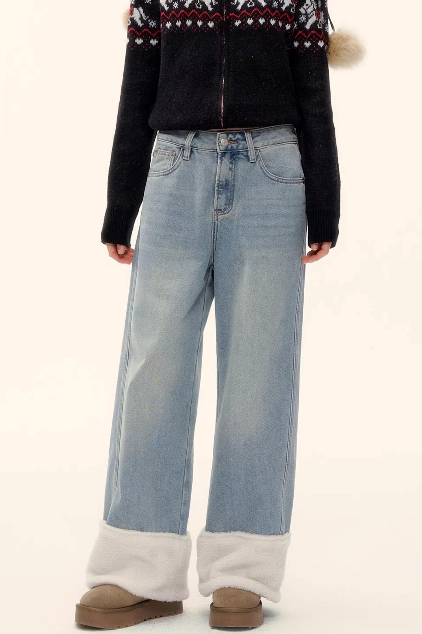 Fleece-Lined Wool Spliced Jeans