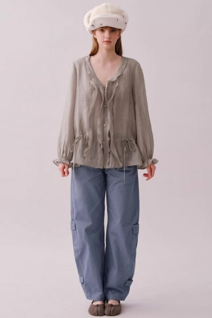 Lyocell Ruffled V-Neck Top