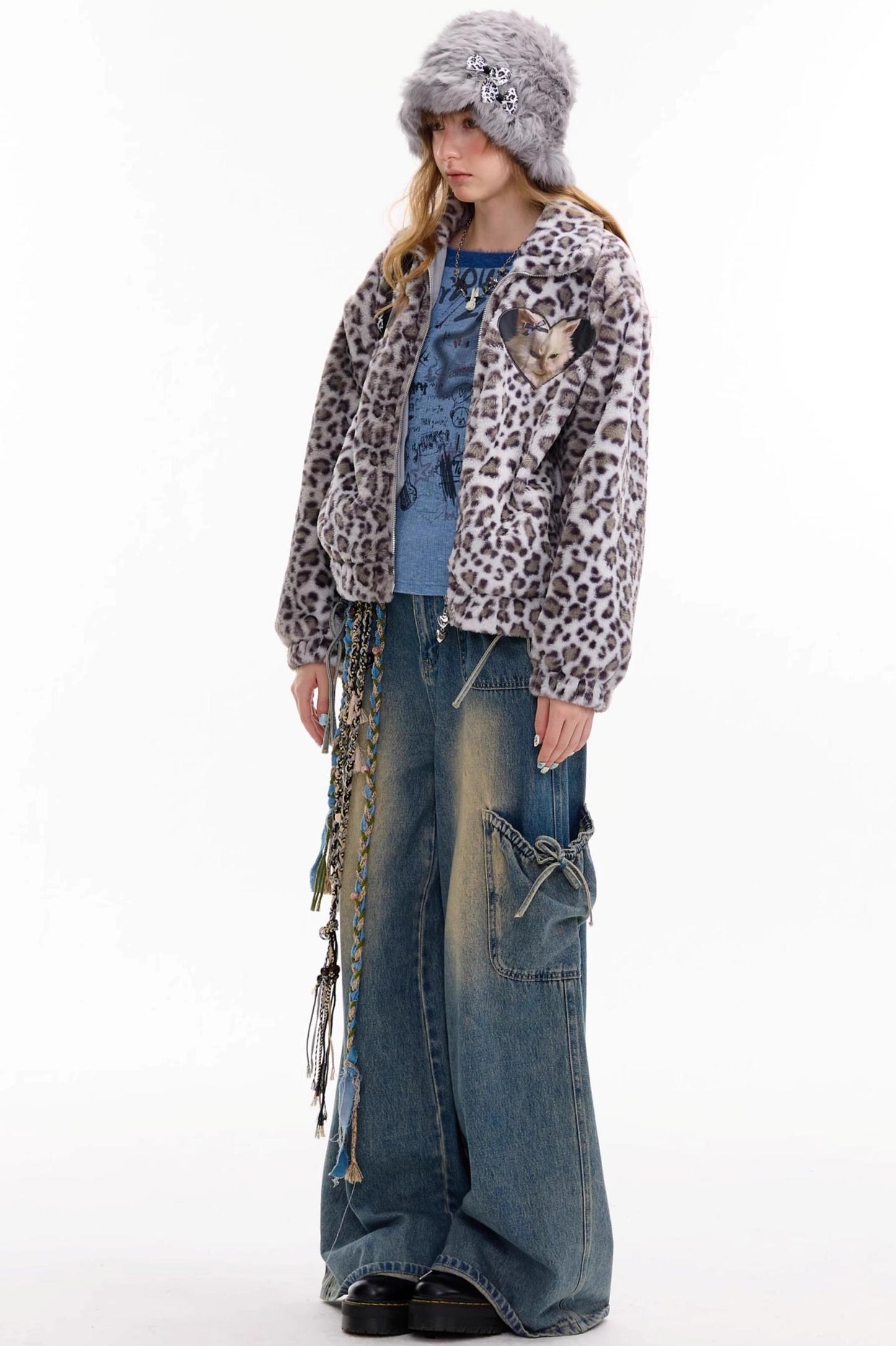 Winter Cat Print Fluffy Coat