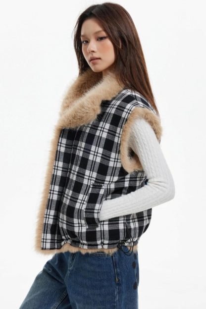 Plaid Lined Fur Vest Reversible Jacket