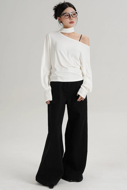 Halterneck Slanted Shoulder Long Sleeve Top