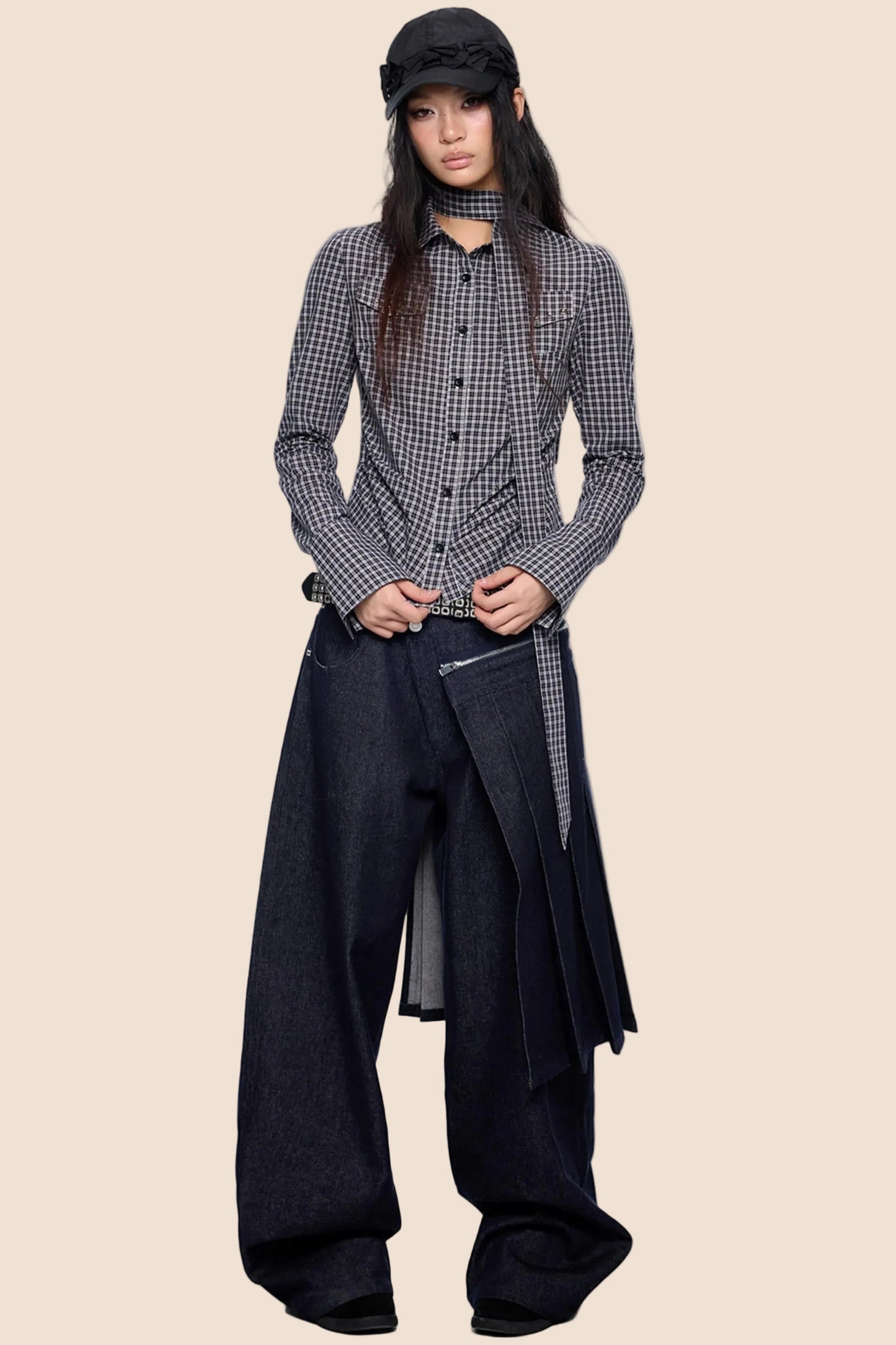 Detachable Pleated Denim Skirt Pants