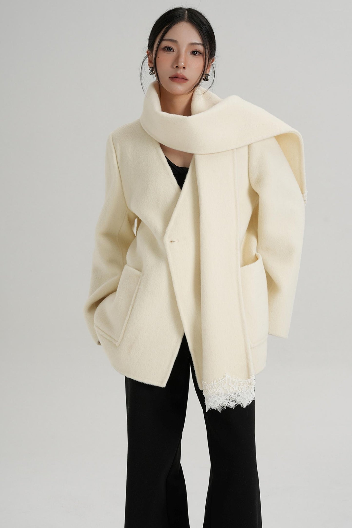 Scarf Patchwork Lace Woolen Coat