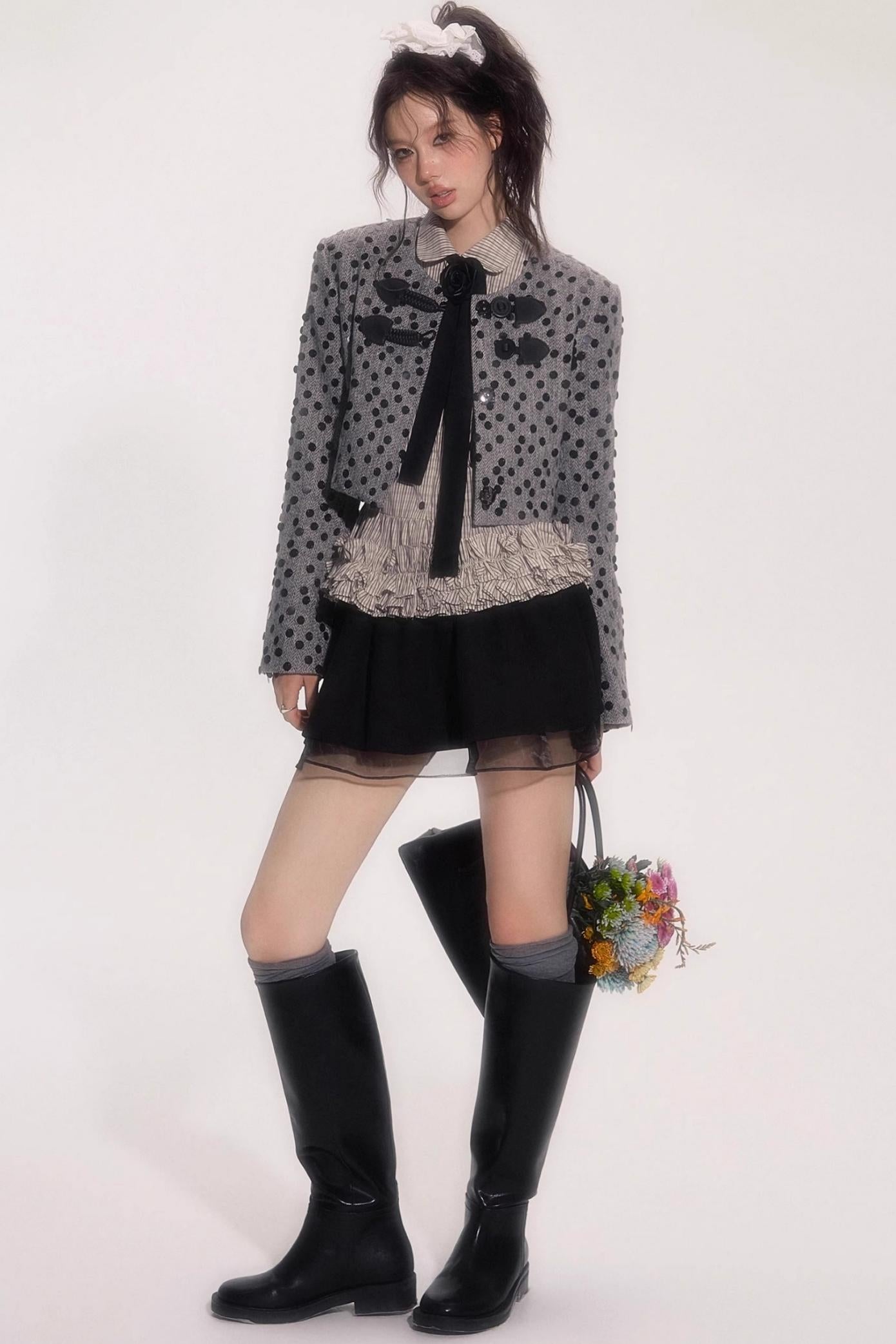 Flower Hem Shirt With Tie Set-Up