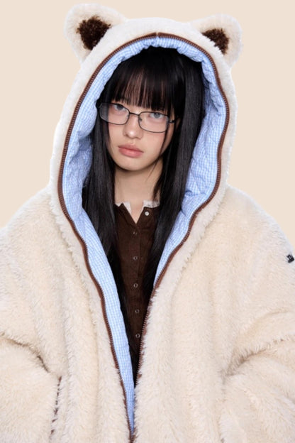 Ear-Flap Striped Faux Shearling Jacket