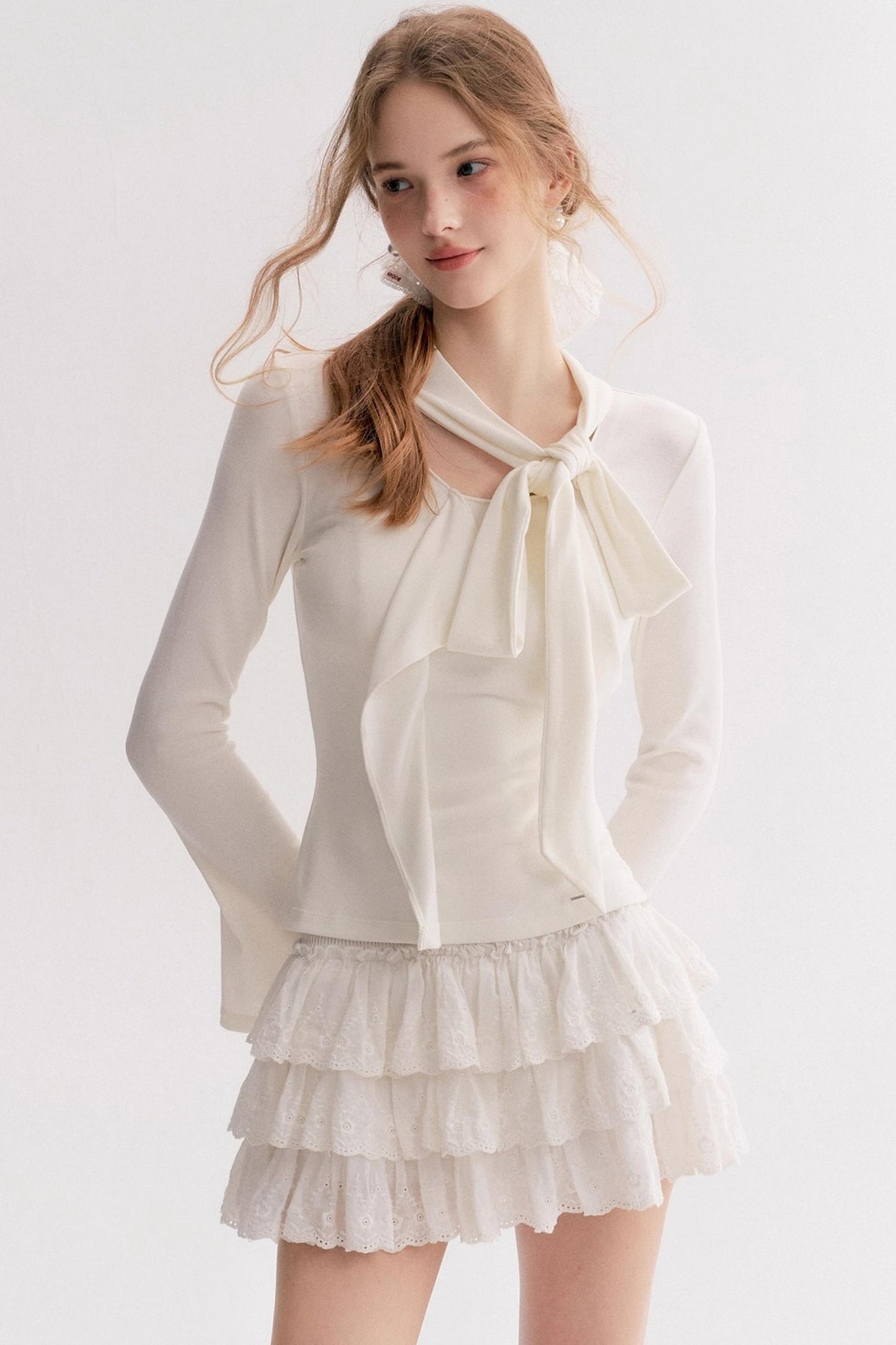 Romantic French Streamer Bow V-Neck Slim T-Shirt