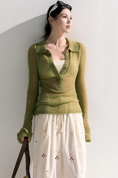 V-Neck Long Sleeve Wool Knit Top