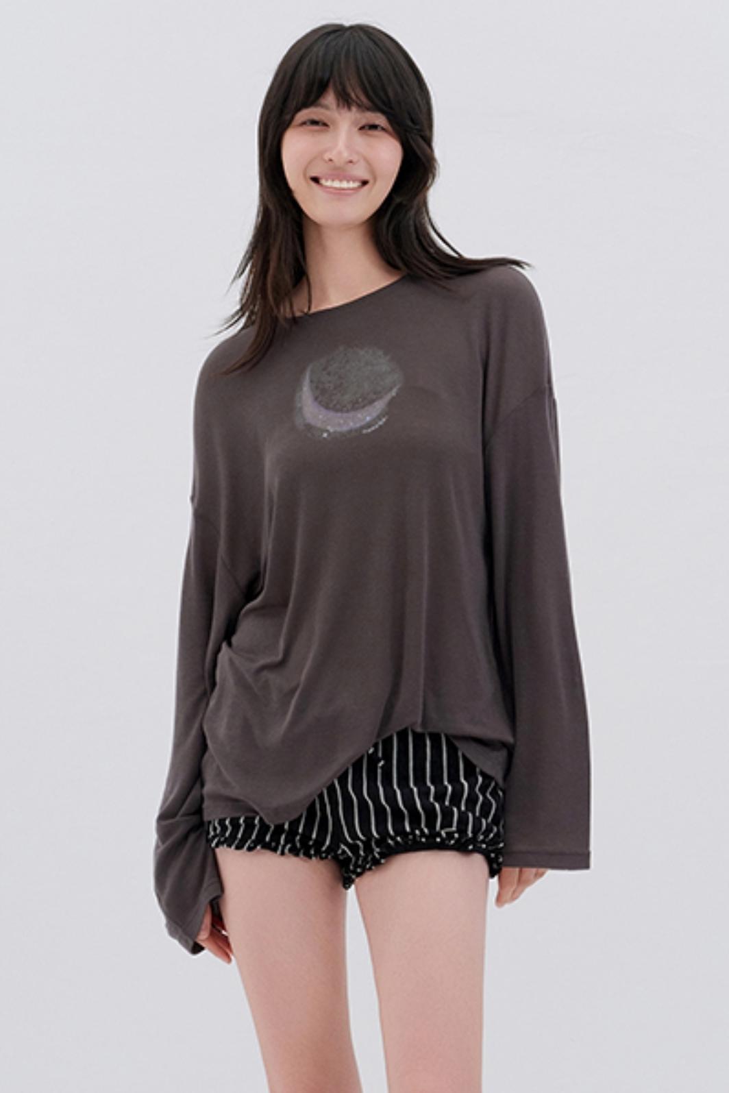 Moon Print Wool Blend Long Sleeves Top