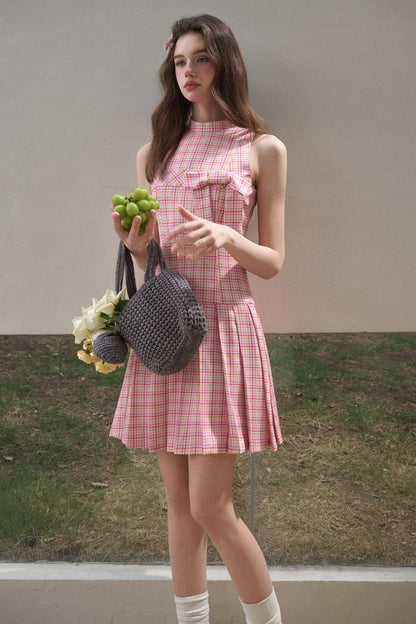 Bow Halterneck Plaid Dress