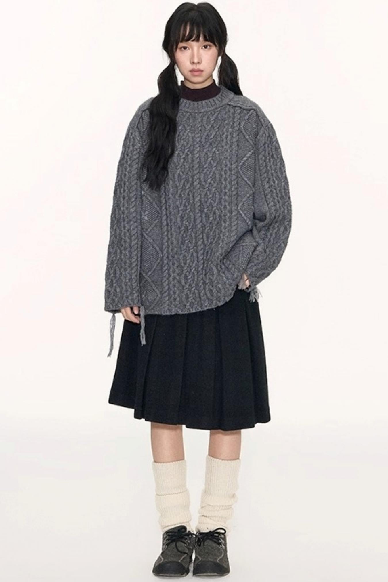 Crew Neck Crochet Cable Knit Sweater