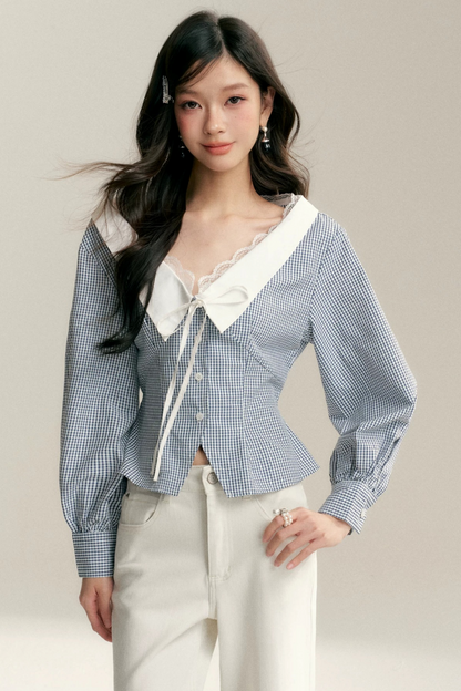 Lace Trim Plaid Blouse